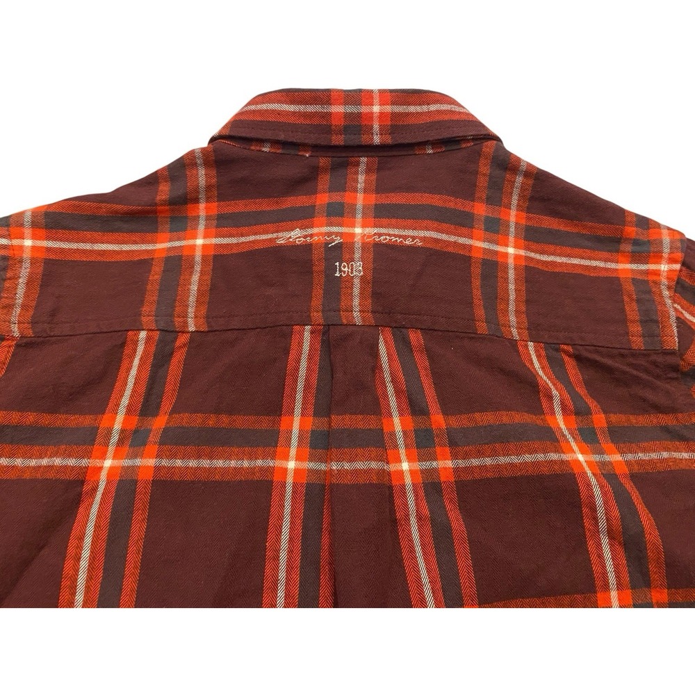 Stormy Kromer Womens Small Flannel Shirt Plaid Orange Brown 1903 Logo Button - Picture 8 of 8